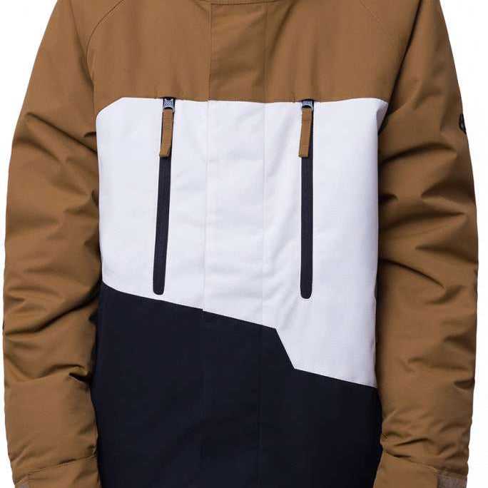 The 686 Boys Geo Insulated Jacket in tan and white has an insulated hood.