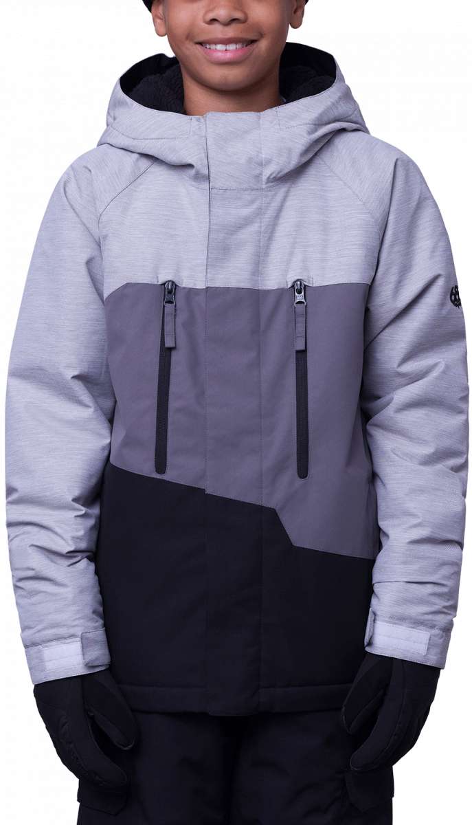 The 686 Boys Geo Insulated Jacket 2024 in the front view showcases a light gray upper section with a subtle black stripe at the bottom, complemented by a black lower section and black accents on the shoulders.