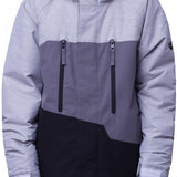 The 686 Boys Geo Insulated Jacket 2024 in the front view showcases a light gray upper section with a subtle black stripe at the bottom, complemented by a black lower section and black accents on the shoulders.