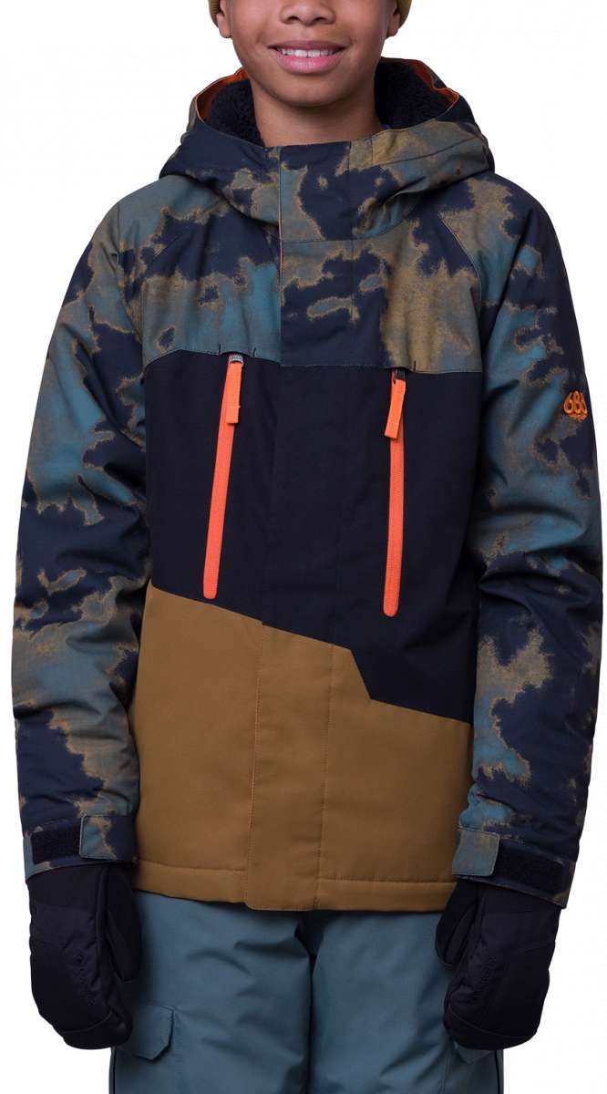 The 686 Boys Geo Insulated Jacket 2024 is predominantly black with green and brown tie-dye pattern accents on the front, sleeves, and hood.