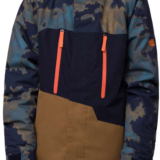 The 686 Boys Geo Insulated Jacket 2024 is predominantly black with green and brown tie-dye pattern accents on the front, sleeves, and hood.