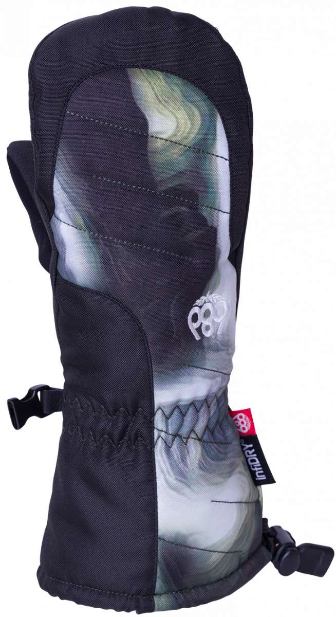 The 686 Youth Heat Insulated Mitt 2024 is black with a gray and white marbled pattern on the back.