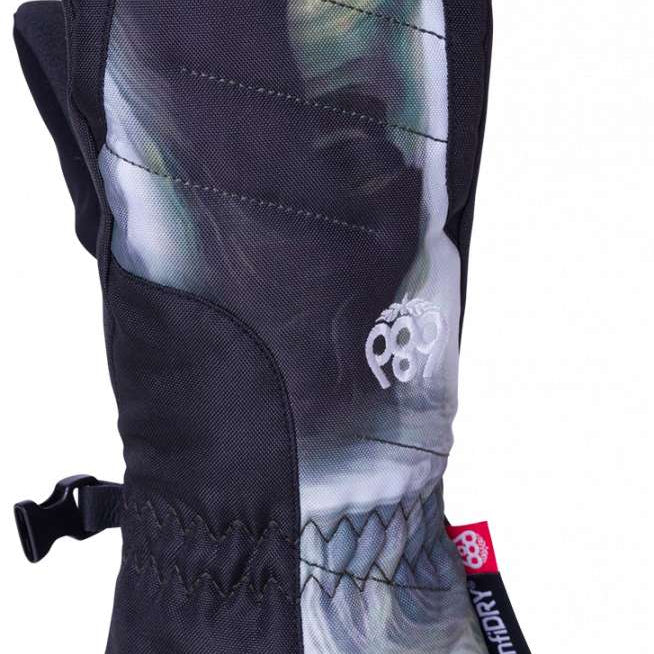 The 686 Youth Heat Insulated Mitt 2024 is black with a gray and white marbled pattern on the back.
