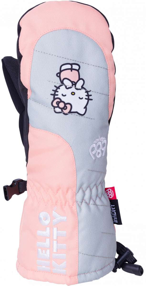 The 686 Youth Heat Insulated Mitt has a pink color with a black cuff and thumb strap.