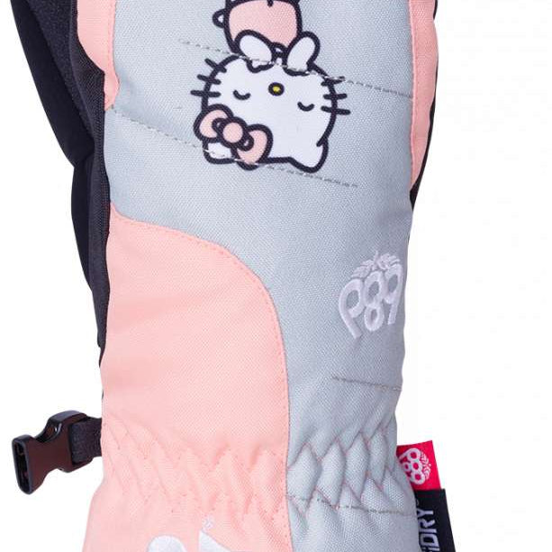 The 686 Youth Heat Insulated Mitt has a pink color with a black cuff and thumb strap.
