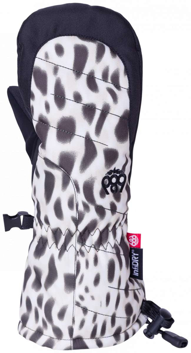 The 686 Youth Heat Insulated Mitt 2024 is predominantly white with black leopard-style spots and has an insulated hood.