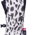 The 686 Youth Heat Insulated Mitt 2024 is predominantly white with black leopard-style spots and has an insulated hood.