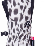 The 686 Youth Heat Insulated Mitt 2024 is predominantly white with black leopard-style spots and has an insulated hood.