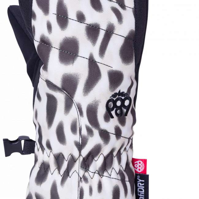 The 686 Youth Heat Insulated Mitt 2024 is predominantly white with black leopard-style spots and has an insulated hood.