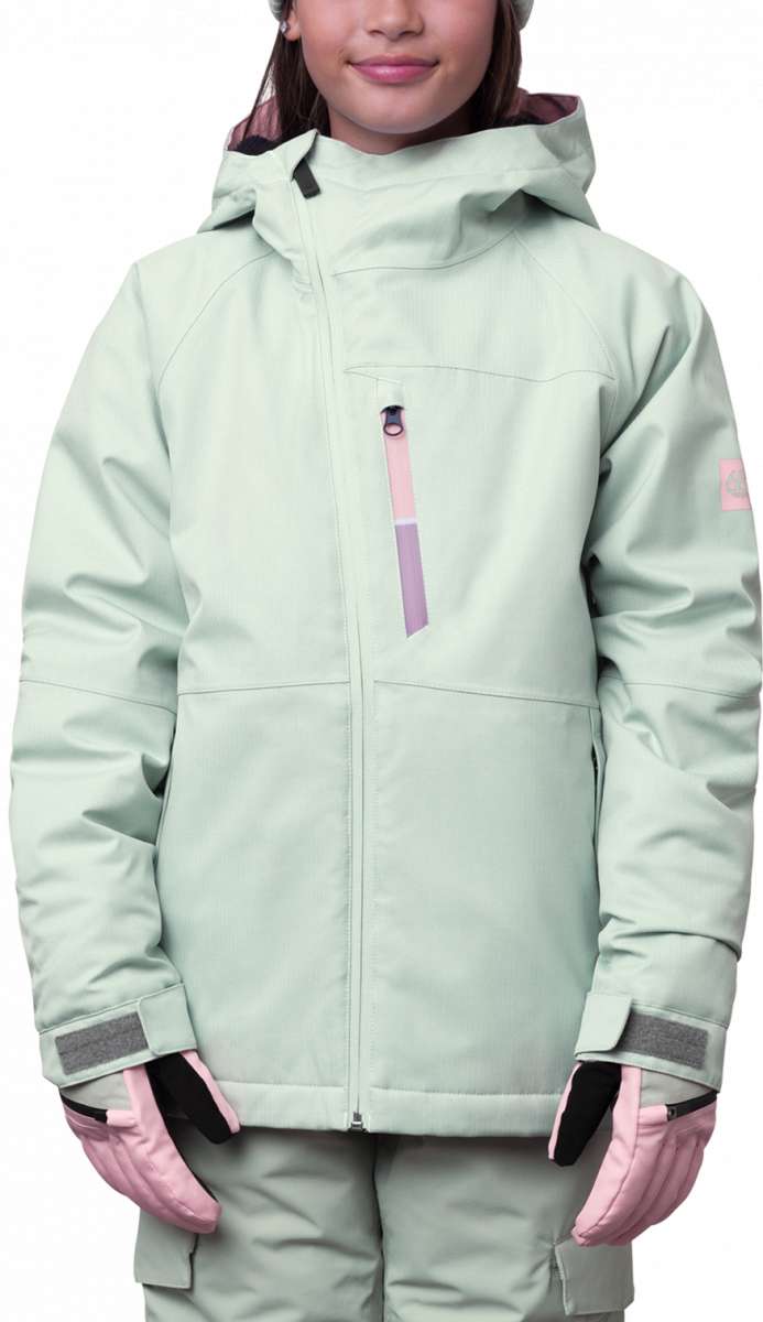 The 686 Girls Hydra Insulated Jacket 2024 in this image is primarily mint green with a darker green patterned hood lining.