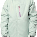 The 686 Girls Hydra Insulated Jacket 2024 in this image is primarily mint green with a darker green patterned hood lining.