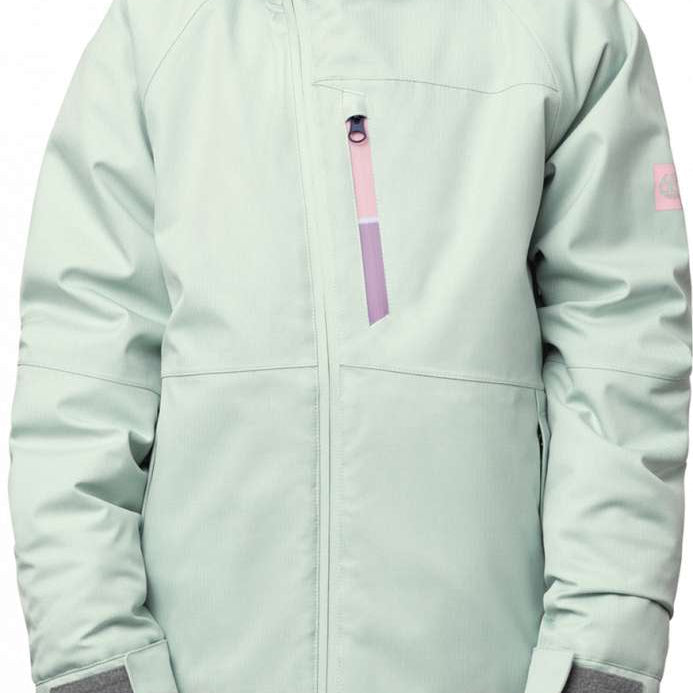 The 686 Girls Hydra Insulated Jacket 2024 in this image is primarily mint green with a darker green patterned hood lining.