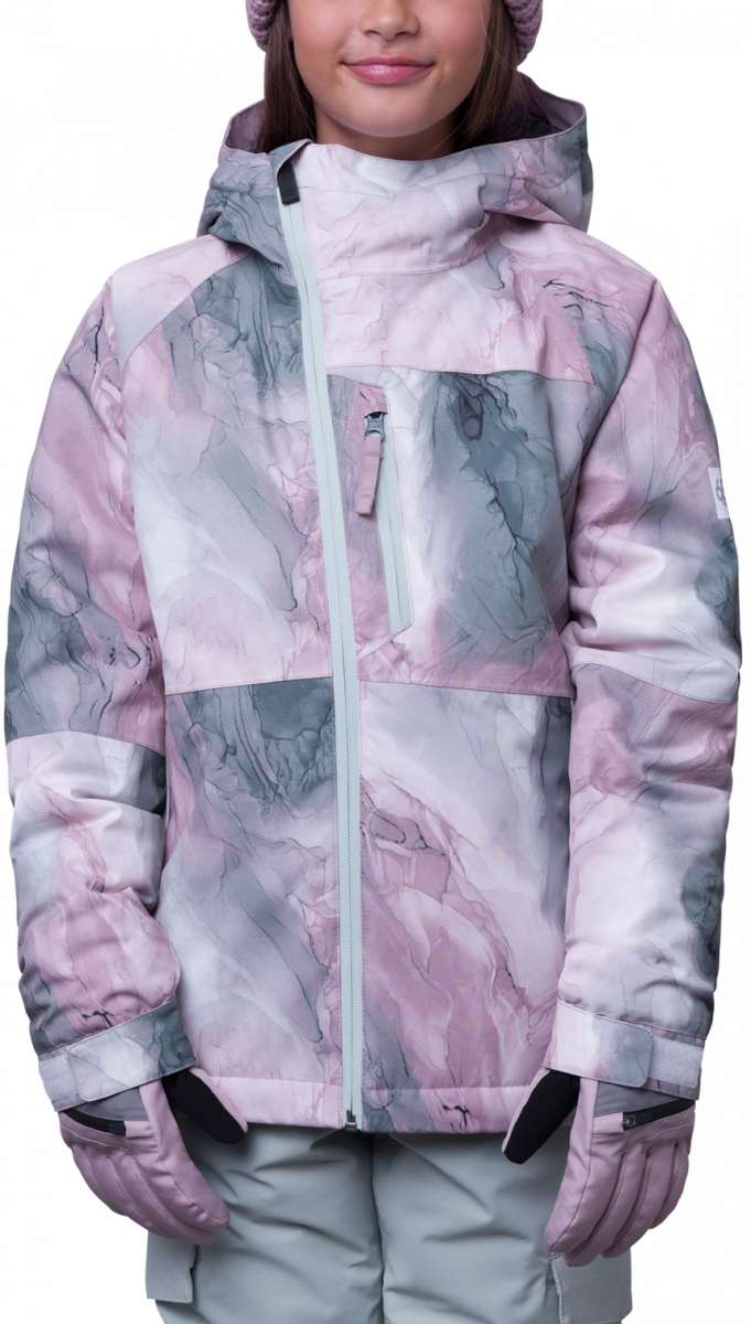 The 686 Girls Hydra Insulated Jacket 2024 has a pink and gray abstract design with a hood.
