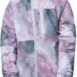 The 686 Girls Hydra Insulated Jacket 2024 has a pink and gray abstract design with a hood.