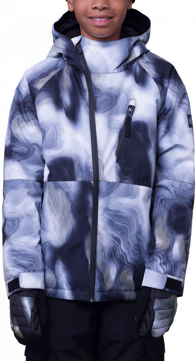 The 686 Boys Hydra Insulated Jacket 2024 is predominantly white with navy swirls and has an insulated hood.