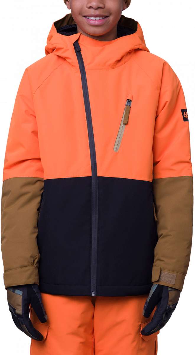 The 686 Boys Hydra Insulated Jacket 2024 appears to be orange with a black waistband and brown accents on the sleeves.