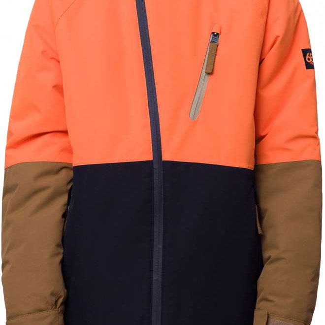 The 686 Boys Hydra Insulated Jacket 2024 appears to be orange with a black waistband and brown accents on the sleeves.