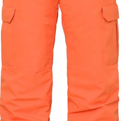 The 686 Boys Infinity Cargo Insulated Pant 2024 is primarily orange with black accents and cargo pockets on both legs.