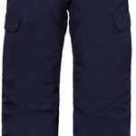 The 686 Boys Infinity Cargo Insulated Pant 2024 is navy blue with two cargo pockets on each side and an adjustable waistband.