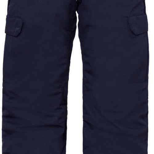 The 686 Boys Infinity Cargo Insulated Pant 2024 is navy blue with two cargo pockets on each side and an adjustable waistband.