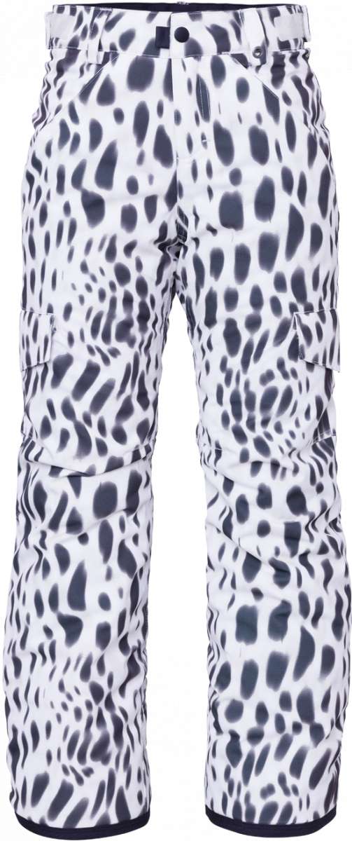 The 686 Lola Junior's Insulated Pant 2024 in white and black leopard print has an insulated hood and is shown from the front view.