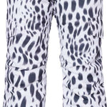 The 686 Lola Junior's Insulated Pant 2024 in white and black leopard print has an insulated hood and is shown from the front view.