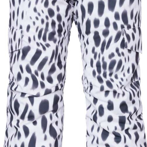 The 686 Lola Junior's Insulated Pant 2024 in white and black leopard print has an insulated hood and is shown from the front view.