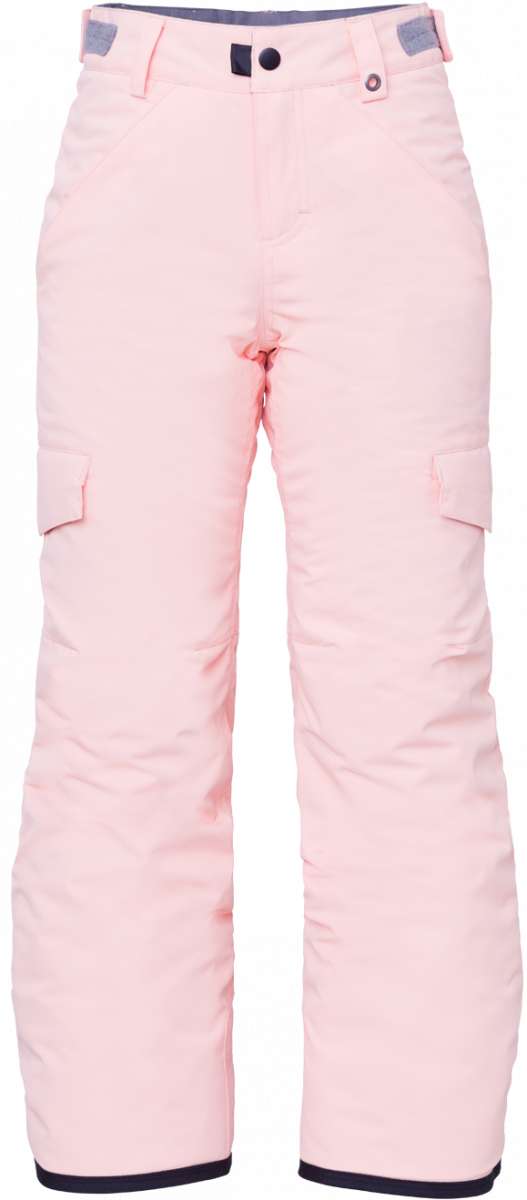 The 686 Lola Junior's Insulated Pant 2024 is primarily pale pink with black trim at the bottom and has a small gray tag on the waistband.