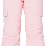 The 686 Lola Junior's Insulated Pant 2024 is primarily pale pink with black trim at the bottom and has a small gray tag on the waistband.