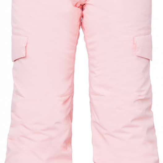 The 686 Lola Junior's Insulated Pant 2024 is primarily pale pink with black trim at the bottom and has a small gray tag on the waistband.