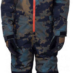 The 686 Boys Shazam Insulated One Piece Snowsuit has an all-over navy and brown camouflage pattern with a bright orange zipper running down the front.