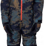 The 686 Boys Shazam Insulated One Piece Snowsuit has an all-over navy and brown camouflage pattern with a bright orange zipper running down the front.