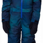 The 686 Boys Shazam Insulated One Piece Snowsuit has a navy upper body with blue accents on the hood and sleeves.