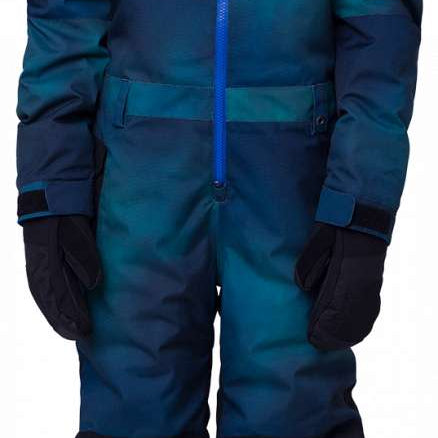 The 686 Boys Shazam Insulated One Piece Snowsuit has a navy upper body with blue accents on the hood and sleeves.