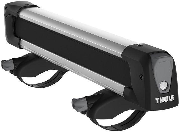 Thule Snowpack M 4 Pairs - 7324 is a black roof rack with silver accents and four gray straps.
