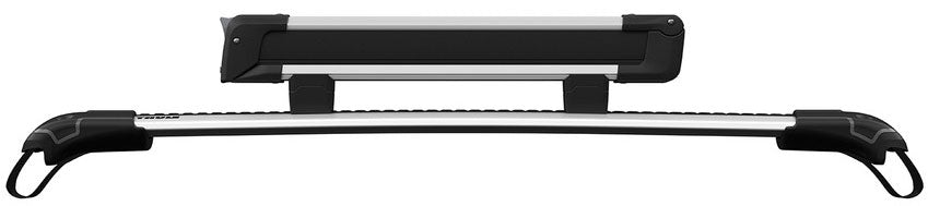 Thule Snowpack M 4 Pairs - This image shows a black and silver roof rack with four ski holders attached to it.