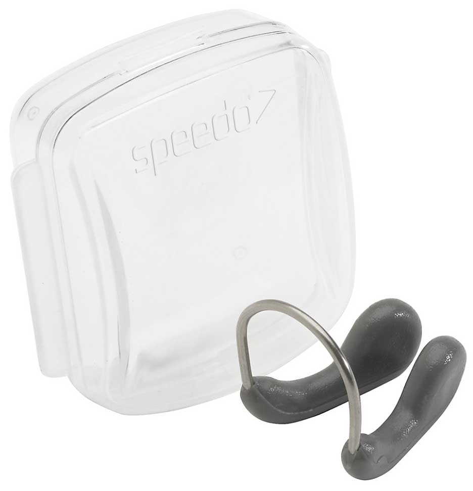 Speedo Competition Nose Clip - A clear plastic nose clip with a metal spring that holds it open, featuring an embossed "speedo" logo on one side and a small hole at the top for adjusting the fit.
