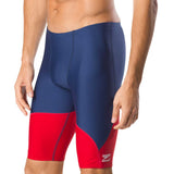 Speedo Men's Spark Splice Jammer Swimsuit - A navy blue and red jammer swimsuit with a subtle sparkly pattern on the fabric.