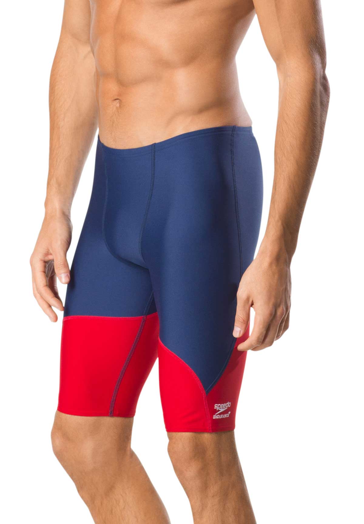 Speedo Men's Spark Splice Jammer Swimsuit - A navy blue and red jammer swimsuit with a subtle sparkly pattern on the fabric.