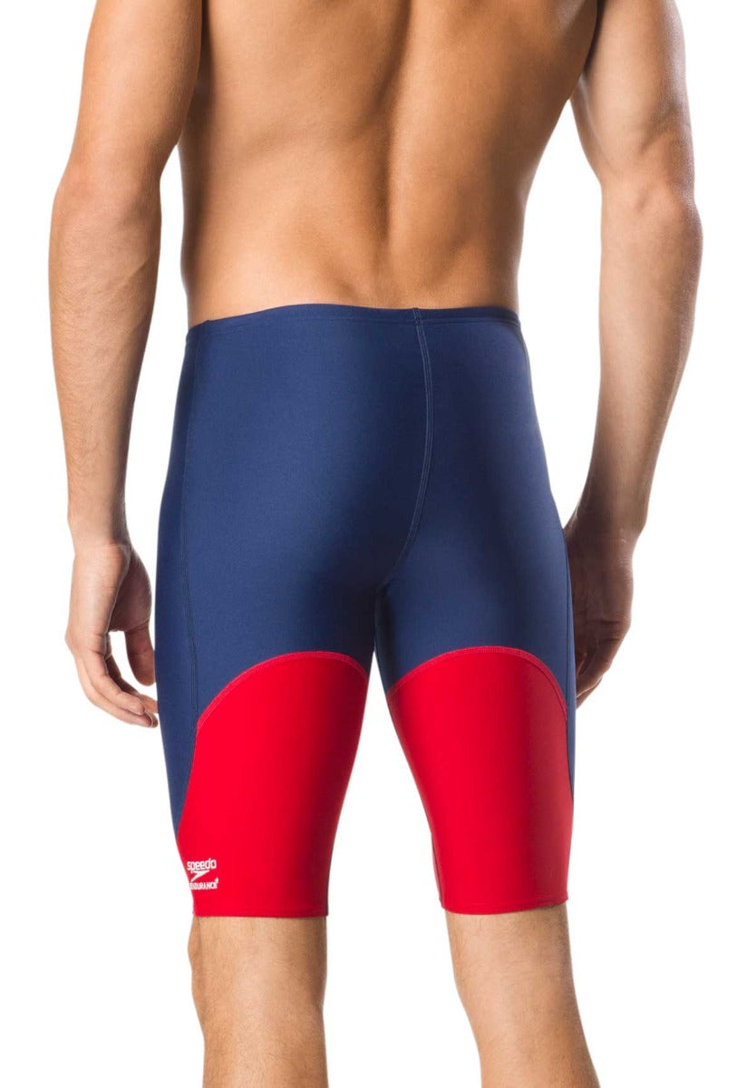Speedo Men's Spark Splice Jammer Swimsuit - A navy blue and red jammer swimsuit with a distinctive spark splice pattern on the front.
