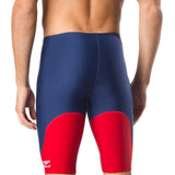 Speedo Men's Spark Splice Jammer Swimsuit - A navy blue and red jammer swimsuit with a distinctive spark splice pattern on the front.