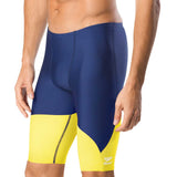 Speedo Men's Spark Splice Jammer Swimsuit - A navy blue and yellow swimsuit with a distinctive "Spark Splice" pattern on the front, featuring a textured design in shades of blue and yellow.