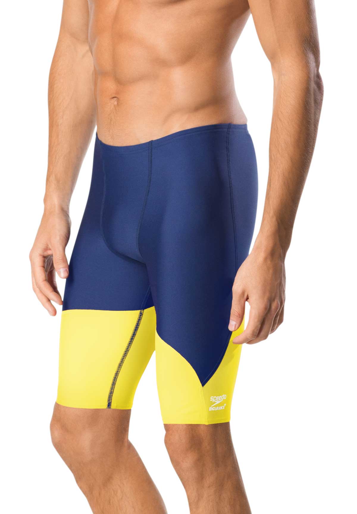Speedo Men's Spark Splice Jammer Swimsuit - A navy blue and yellow swimsuit with a distinctive "Spark Splice" pattern on the front, featuring a textured design in shades of blue and yellow.