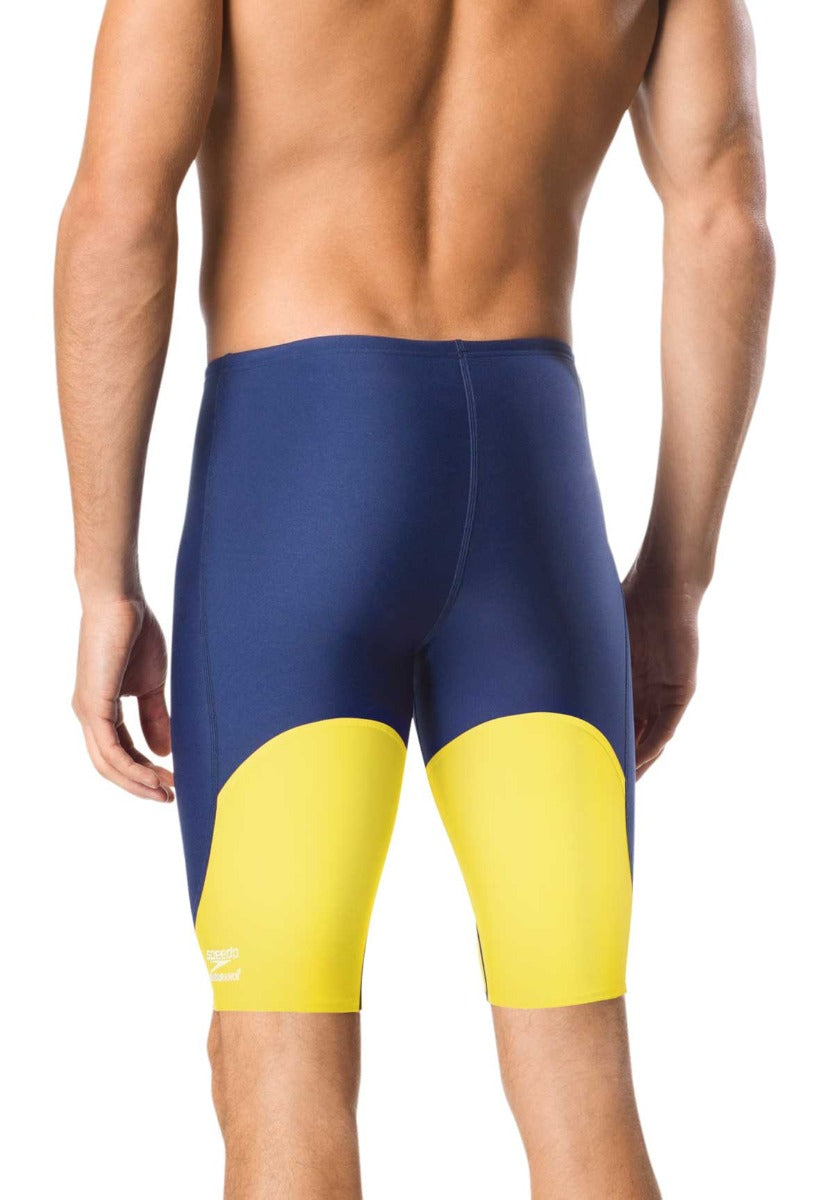 Speedo Men's Spark Splice Jammer Swimsuit - A navy blue and yellow jammer swimsuit with a distinctive spark splice pattern on the front.