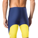 Speedo Men's Spark Splice Jammer Swimsuit - A navy blue and yellow jammer swimsuit with a distinctive spark splice pattern on the front.