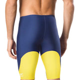 Speedo Men's Spark Splice Jammer Swimsuit - A navy blue and yellow jammer swimsuit with a distinctive spark splice pattern on the front.