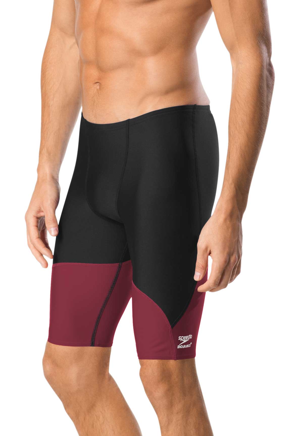 Speedo Men's Spark Splice Jammer Swimsuit - Black swimsuit with a subtle sparkly pattern on the sides and back, featuring a classic jammer style cut.