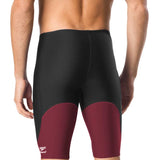 Speedo Men's Spark Splice Jammer Swimsuit - A black swimsuit with a red and white striped pattern on the sides, featuring a solid black back.