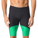 Speedo Men's Spark Splice Jammer Swimsuit - A black swimsuit with a green stripe down the side and a small white logo on the left hip.