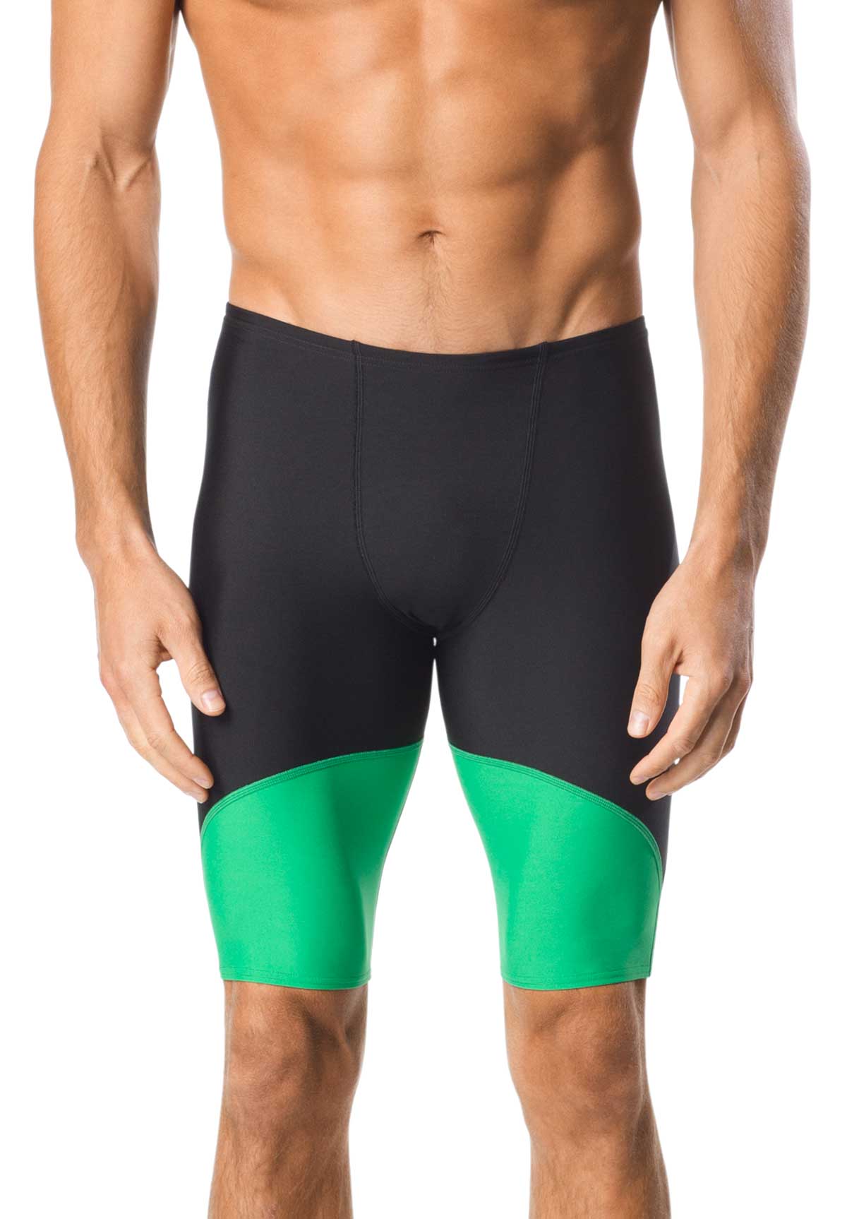 Speedo Men's Spark Splice Jammer Swimsuit - A black swimsuit with a green stripe down the side and a small white logo on the left hip.